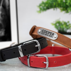 May include: Three leather dog collars, one black, one red, and one brown with a silver name tag that reads "COOPER 123-654-8561".