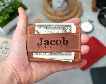 Business Card Case with Engraved Name, Leather Card Holder, Monogrammed Credit Card Wallet with Cash Pocket, Mens Leather Card Case
