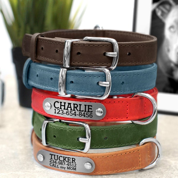 Personalized Leather Dog Collars for Dogs with Custom Laser Engraved Nameplate, Leather Dog Collars for Small and Large Dogs, Puppy Collar