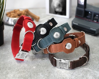 Collier de chien AirTag personnalisé, collier de chien AirTag en cuir gravé, collier de chien personnalisé avec support pour étiquette d'air pour petits chiens de grande taille