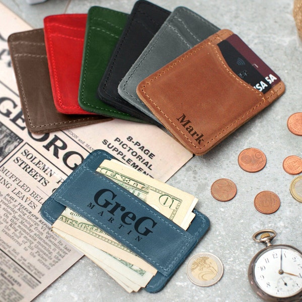 Leather Credit Card and Cash Holder, Personalized Money Clip with Business Card Slots, Slim Card Case, Custom Business Card Case