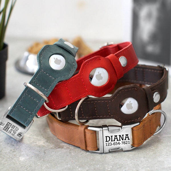 Personalized Leather Anti-Lost Dog Collar with AirTag Holder, Custom Air Tag Dog Collars, Engraved Name Dog Collar, Apple AirTag Dog Collars