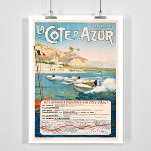 Cartaz de viagens vintage das principais capitais da Côte d&#39;Azur na Riviera Francesa - emoldurado/sem moldura