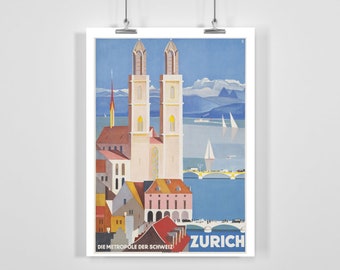 Zurich Switzerland Vintage Travel Poster - Framed / Unframed