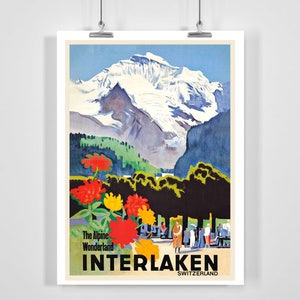 The Alpine Wonderland Interlaken Switzerland Vintage Travel Poster - Framed / Unframed