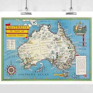 Australia Her Natural and Industrial Resources Vintage Travel Poster - Framed / Unframed