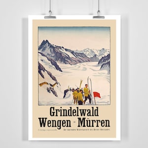 Póster de esquí vintage de Grindelwald, Wengen, Mürren, Suiza (con o sin marco)