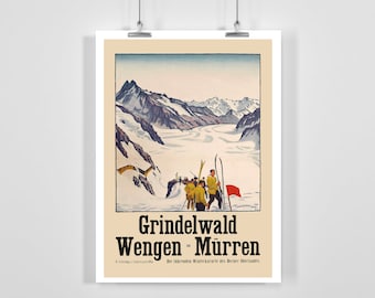 May include: Vintage travel poster advertising the Swiss ski resorts of Grindelwald, Wengen, and Mürren. The poster features a colorful illustration of skiers on a snowy mountain with a view of a valley below. The text on the poster reads "Grindelwald Wengen Mürren Die überragende Winterkarate des Berner Oberlandes."