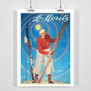 St. Moritz Zwitzerland Winter Sport Vintage Ski Poster - Gerahmt / Ungerahmt