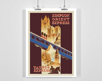Simplon Orient Express Travel by Train Vintage Travel Poster - Framed / Unframed