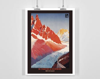 From Chamonix to Montenvers France - Sea of Ice Glacier Vintage Travel Poster - Framed / Unframed