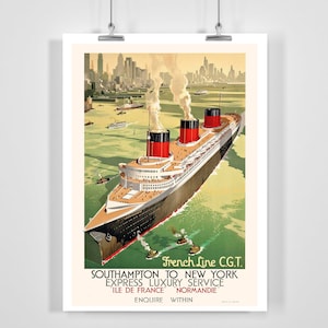 Línea francesa CGT Southampton a New York Express Servicio de lujo Vintage Travel Poster - Enmarcado / Sin enmarcar