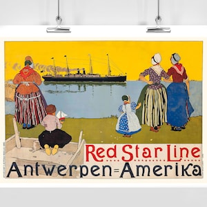 Póster de viaje vintage de Amberes, Estados Unidos a través del Atlántico con la Red Star Line (con marco o sin marco)