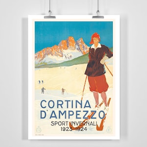 Póster vintage de esquí de invierno de Cortina D&#39;Ampezzo, 1923-1924 (con o sin marco)