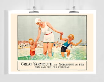 Great Yarmouth and Gorleston on Sea England Sun and Fun for Everyone Vintage Travel Poster - Framed / Unframed