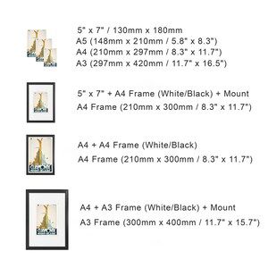 May include: A vintage travel poster for Chamonix Mont-Blanc, featuring a skier descending a mountain. The poster is available in various sizes, including 5x7 inches, A5, A4, and A3. It can also be purchased with a white or black frame and a mount.