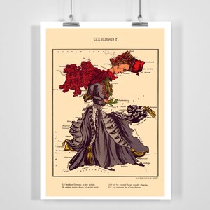 Puede incluir: Una ilustración vintage de Alemania representada como una mujer con un vestido rojo y negro. La cabeza de la mujer tiene la forma de las fronteras del país. La ilustración incluye el texto "GERMANY." y un pie de foto que dice: "Que la señora Alemania, en su deleite, ante las glorias venideras, mostradas por la segunda vista... Y en su trono insular mirando con orgullo, su ojo expresa la danza de una dama."