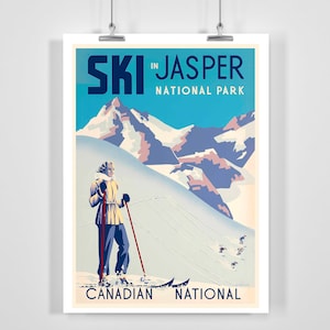 Parque Nacional Jasper Canadá Mujer Esquí Vintage Cartel de esquí - Enmarcado / Sin enmarcar