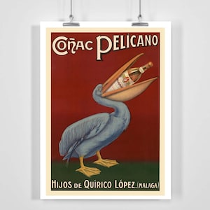 Póster vintage de comida y bebida de Cognac Pelicano (con o sin marco)