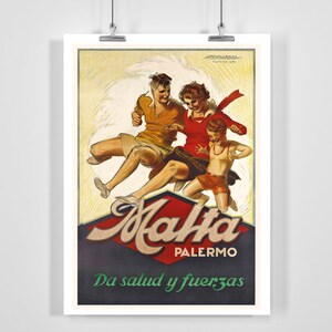 Malta Palermo gibt Gesundheit und Stärke Vintage Werbeplakat von Mauzan - gerahmt / ungerahmt