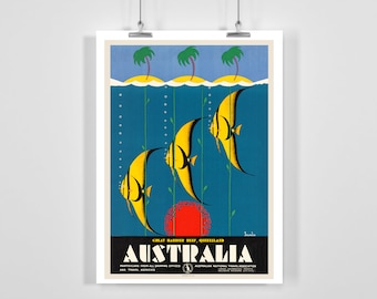 Australia Great Barrier Reef Queensland Vintage Travel Poster - Framed / Unframed