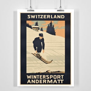 Póster de esquí vintage de Andermatt Zwitzerland de deportes de invierno - Enmarcado / Sin marco