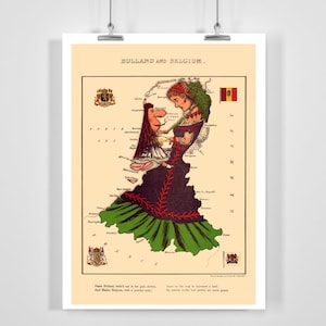 Puede incluir: Un mapa vintage de Holanda y Bélgica, ilustrado como dos mujeres con ropa tradicional. El mapa está etiquetado con los nombres de las ciudades y regiones. El pie de foto dice "Dama Holanda, que había sacado su ropa de gala, Y Maestro Bélgica, con una nariz orgullosa."