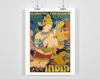Zie India Ajanta Frescoes Grot tempels Vintage Travel Poster - Ingelijst / Unframed
