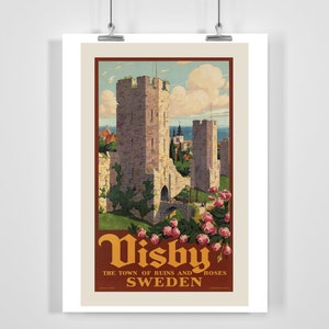 Visby  Gotland Sweden Town Of Ruins And Roses Vintage Travel Poster - Framed / Unframed