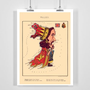 Puede incluir: Una ilustración vintage de Gales representada como una caricatura de un rey con una corona y un cetro. El mapa de Gales está delineado en rojo y la cara del rey está compuesta por varias ciudades y pueblos. El texto en la parte inferior dice "Geography teacheth - Great Glades, In fertile ground, looks fair from shore to shore. And sage King Arthur's long, long pedigree, And crown and loins, and treasure of high degree."