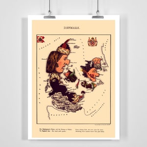 Danimarca Mappa Comica Litografia Vintage 1860s - Incorniciata / Senza cornice