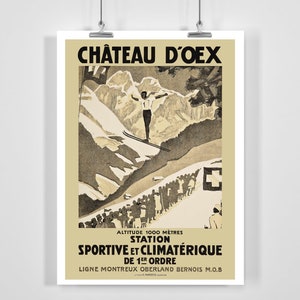 Cartel de esquí vintage de Chateau d&#39;Oex Suiza - Enmarcado / Sin enmarcar