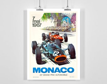 May include: Vintage poster for the 1967 Monaco Grand Prix. The poster features a blue and green race car with the number 12 on the side, and a red race car with the number 18 on the side. The poster also includes the text "7 mai 1967" and "MONACO 25e GRAND PRIX AUTOMOBILE".