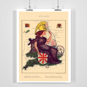 Puede incluir: Una ilustración vintage de Inglaterra como una mujer que lleva una corona y sostiene un escudo con la bandera de la Union Jack. La ilustración está rodeada por un mapa de Inglaterra con varias características geográficas etiquetadas. El texto debajo de la imagen dice "Hermosa Inglaterra - en su trono insular -  Indiscutiblemente la reina - con el mundo para ella misma."