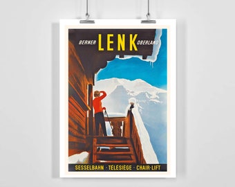 Lenk Oberland Bernese Switzerland Vintage Ski Poster - Framed / Unframed