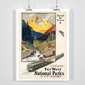 May include: Vintage travel poster advertising a trip to the Far West National Parks in the USA and Canada. The poster features a scenic mountain landscape with a train traveling through it. The text on the poster reads "Travel by Train - Visit your Far West National Parks - U.S.A. - CANADA."