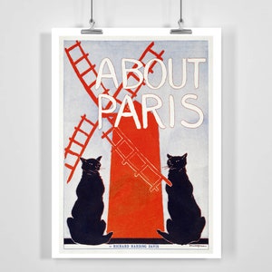 Über Paris Frankreich Rote Windmühle schwarze Katzen Vintage Werbeplakat - Gerahmt / Ungerahmt