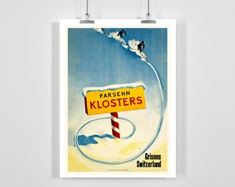 Parsenn Klosters Canton of Grisons Switzerland Vintage Ski Poster - Framed / Unframed