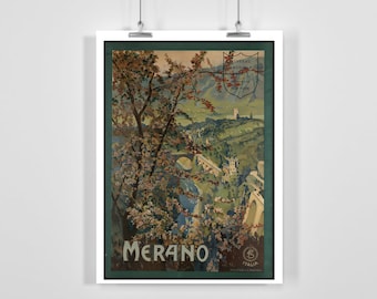 May include: Vintage travel poster advertising Merano, Italy. The poster features a scenic view of a town with a bridge and lush greenery. The text "Merano" is prominently displayed in a bold font, along with the words "ITALIA" and "SCHWEIZER & RAPHAEL".