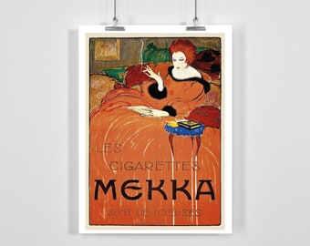 May include: Vintage advertisement for Mekka cigarettes featuring a woman in a red dress sitting on a couch, holding a cigarette and a cigarette case. The text reads "Les Cigarettes Mekka Sont Délicieuses".