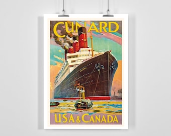 Cunard Line Atlantic USA Canada Vintage Travel Poster - Framed / Unframed