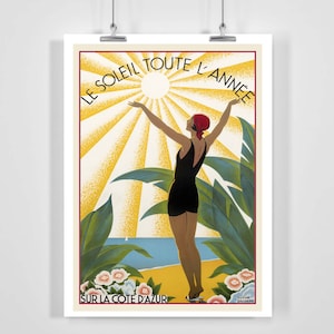 El sol durante todo el año Costa Azul Riviera francesa Cartel de viaje vintage - Enmarcado / Sin marco