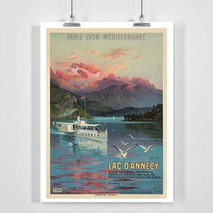 Lac d'Annecy Lake Annecy Auvergne-Rhône-Alpes Region France Vintage Travel Poster - Framed / Unframed