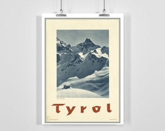 Tyrol Austria Góra Zima Śnieg Vintage plakat narciarski - Oprawiony / Bez ramki