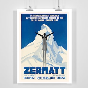 Pôster vintage de esqui da corrida de esqui suíça de Zermatt, com ou sem moldura