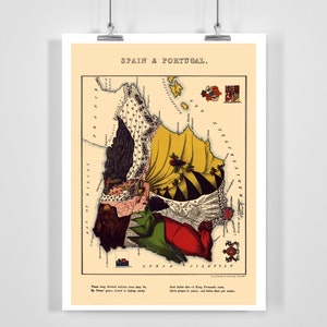 Puede incluir: Un mapa vintage de España y Portugal, ilustrado con patrones y símbolos coloridos. El mapa muestra las diferentes regiones de los dos países, con un texto que dice "Estas largas Naciones Unidas ahora pueden ser, Por el verde de España, unidas en unidad duradera. Y aquí ha llegado el cetro del rey Fernando, Ha hecho crecer uvas para la paz, y aquí pone metro."