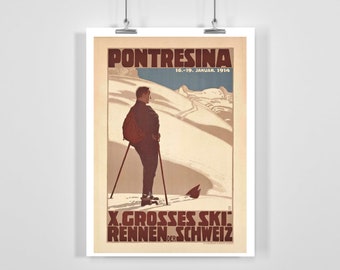 Pontresina 1914 Big Ski Racing Switzerland Vintage Ski Poster - Framed / Unframed