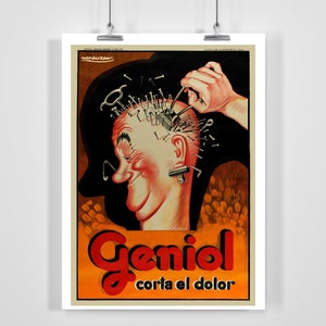 Geniol Corta El Dolor Schmerzlinderung Schmerzmittel Vintage Werbeplakat von Achille Mauzan - gerahmt / ungerahmt