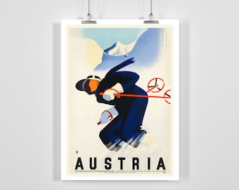 May include: A vintage travel poster advertising skiing in Austria. The poster features a skier in blue clothing against a white snowy mountain background. The text "AUSTRIA" is in bold black letters at the bottom of the poster.
