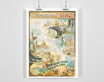 From London to Italy South Italian Railways Vintage Travel Poster - Framed / Unframed